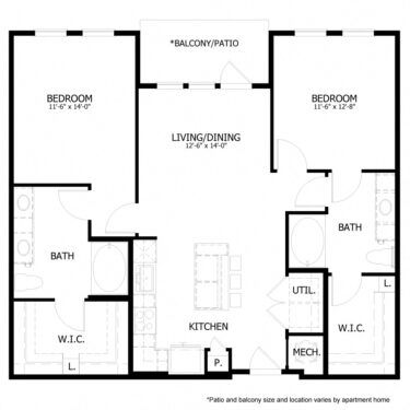 Rendering of the HE_B3 floor plan with 2 bedroom[s] and 2 bathroom[s] at Hastings End