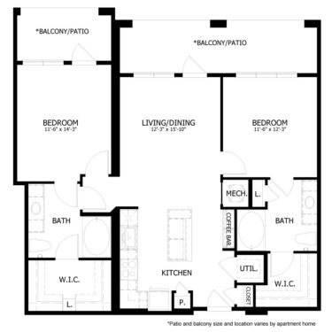 Rendering of the HE_B1 floor plan with 2 bedroom[s] and 2 bathroom[s] at Hastings End