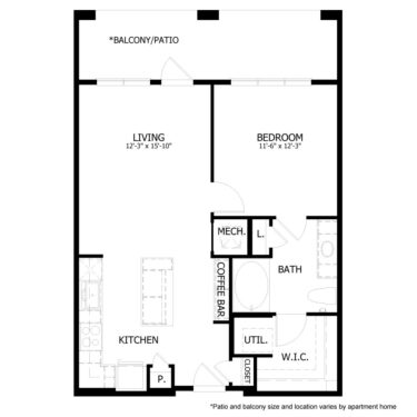 Rendering of the HE_A3 floor plan with 1 bedroom[s] and 1 bathroom[s] at Hastings End