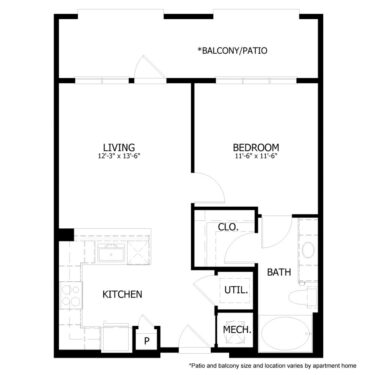 Rendering of the HE_A1 floor plan with 1 bedroom[s] and 1 bathroom[s] at Hastings End