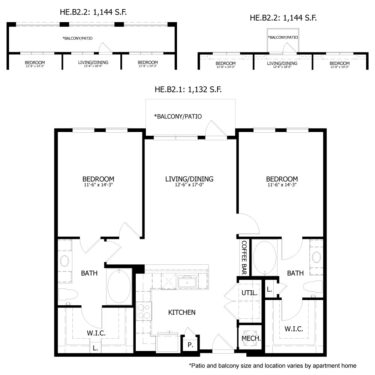 Rendering of the HE_B2 floor plan with 2 bedroom[s] and 2 bathroom[s] at Hastings End