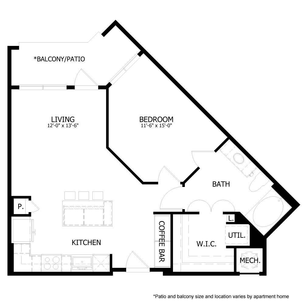 Rendering of the HE_A6 floor plan with 1 bedroom[s] and 1 bathroom[s] at Hastings End