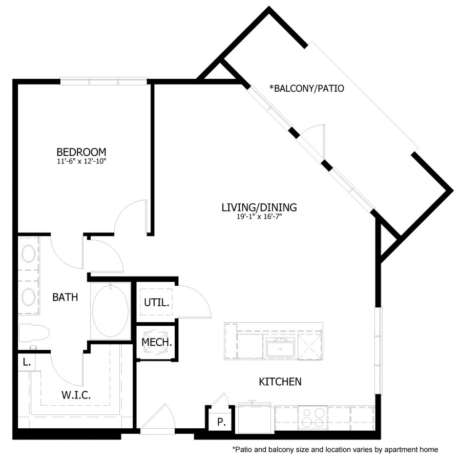 Rendering of the HE_A12 floor plan with 1 bedroom[s] and 1 bathroom[s] at Hastings End